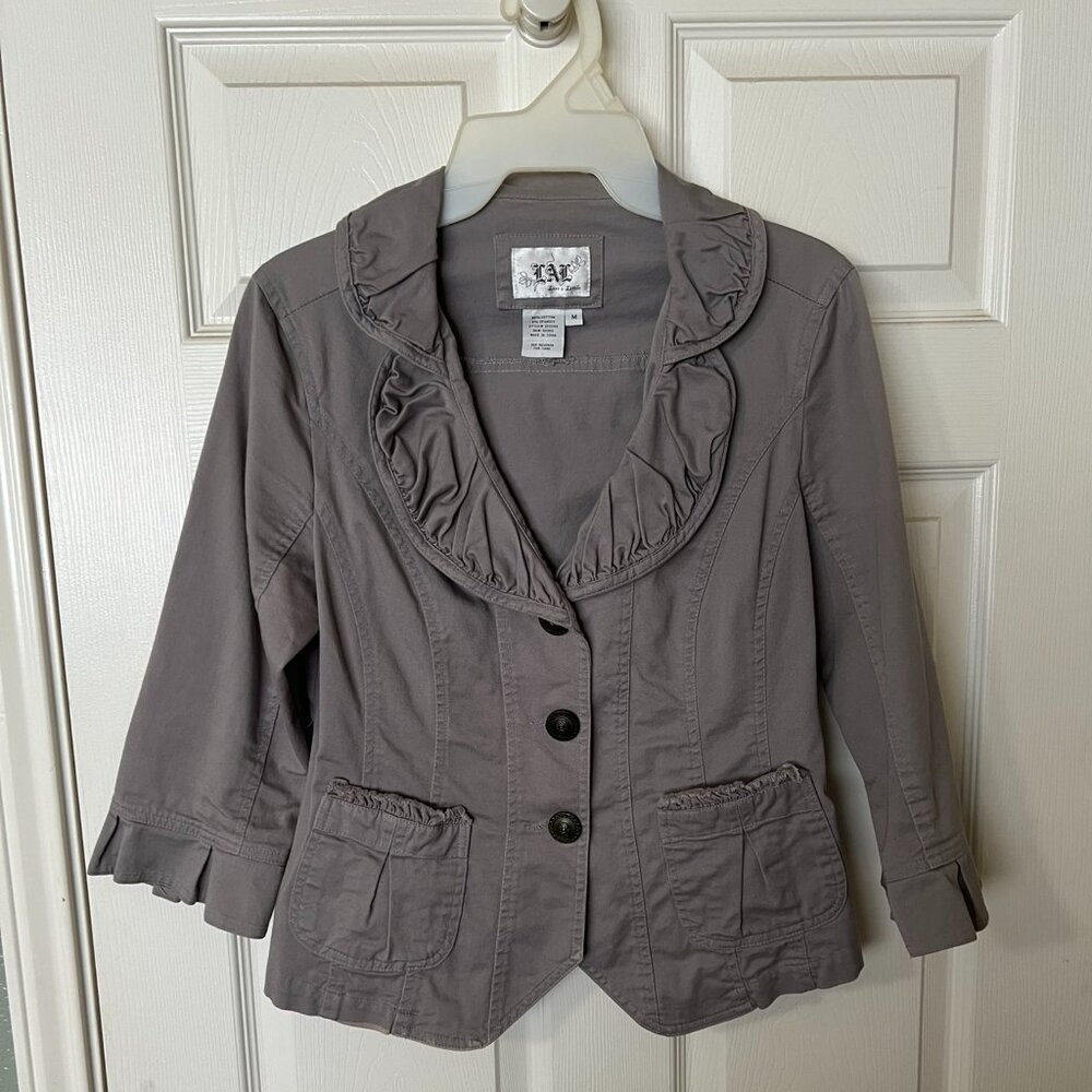 Live a Little light gray ruffled edge cotton blazer, 3/4 sleeves, size Medium
